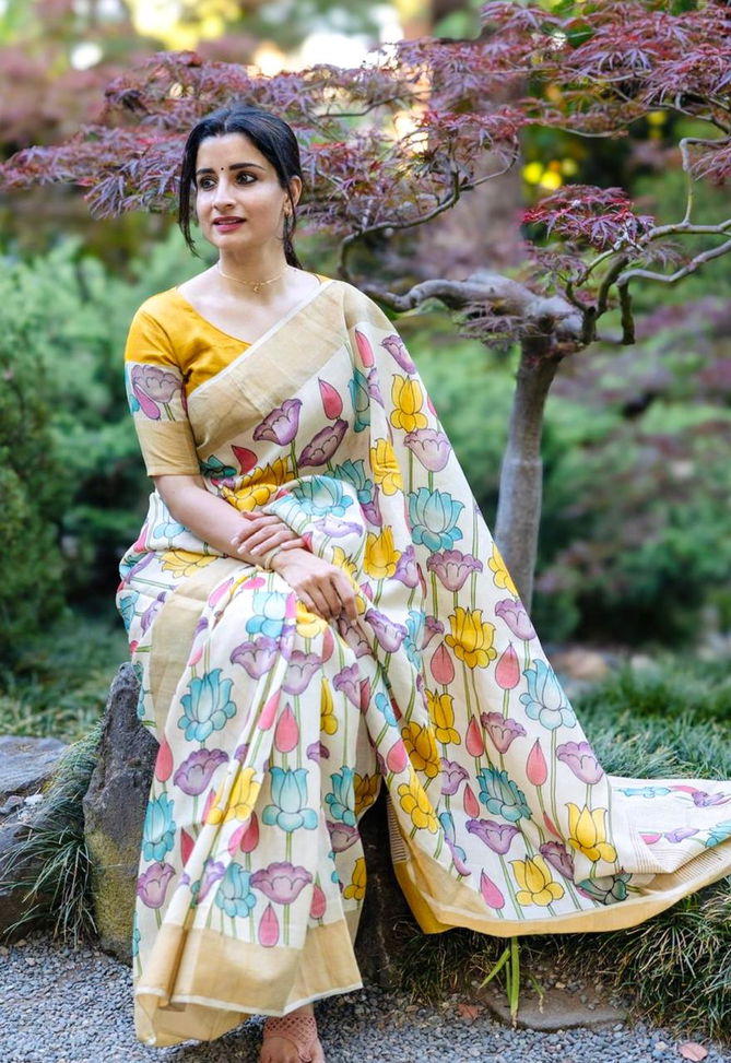 MG 476 Gold Jari Linen Printed Sarees Wholesale Market In Surat